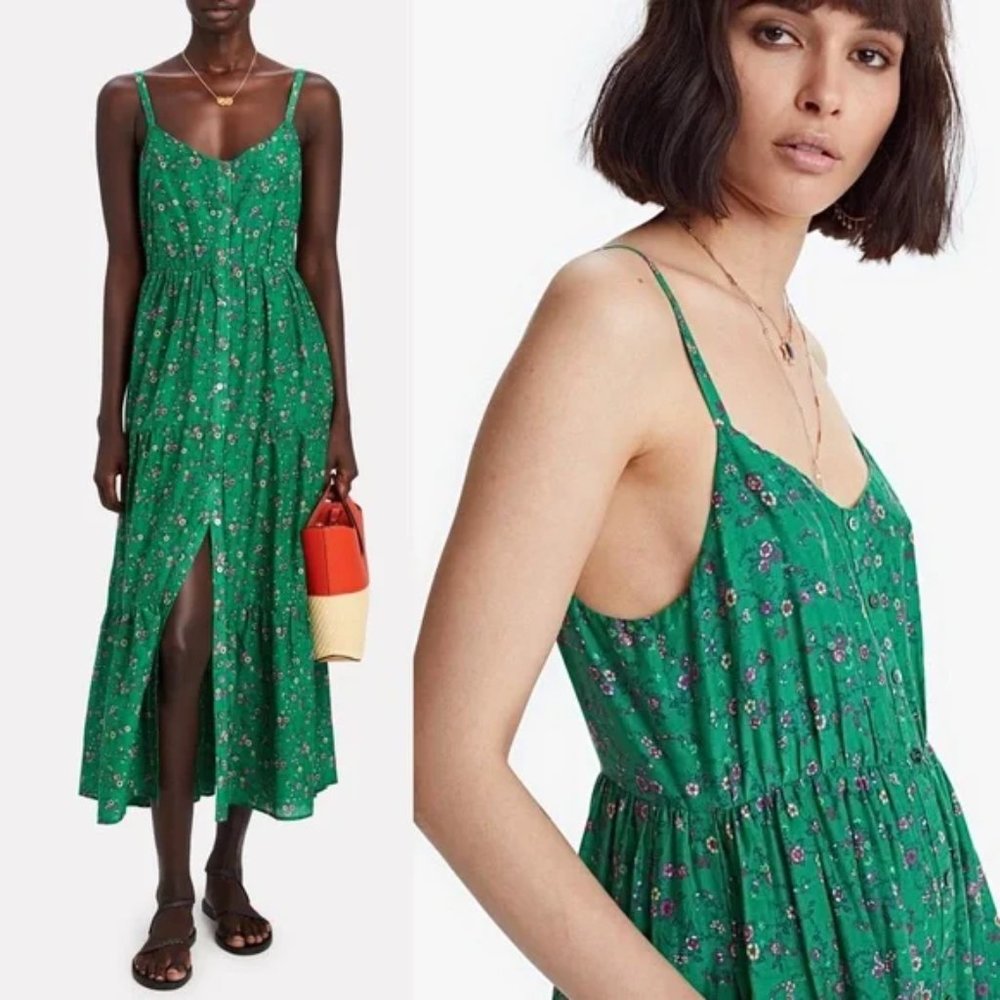 XIRENA Cotton & Silk Green Floral Button Front Sleeveless Tiered Midi Dress XS